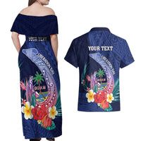 Personalised Guam Liberation Day Couples Matching Off Shoulder Maxi Dress and Hawaiian Shirt Happy 80th Anniversary Fish Hook Mix Tropical Flowers LT14 - Polynesian Pride