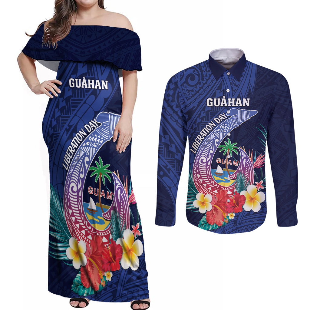 Personalised Guam Liberation Day Couples Matching Off Shoulder Maxi Dress and Long Sleeve Button Shirt Happy 80th Anniversary Fish Hook Mix Tropical Flowers LT14 Blue - Polynesian Pride