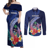 Personalised Guam Liberation Day Couples Matching Off Shoulder Maxi Dress and Long Sleeve Button Shirt Happy 80th Anniversary Fish Hook Mix Tropical Flowers LT14 Blue - Polynesian Pride