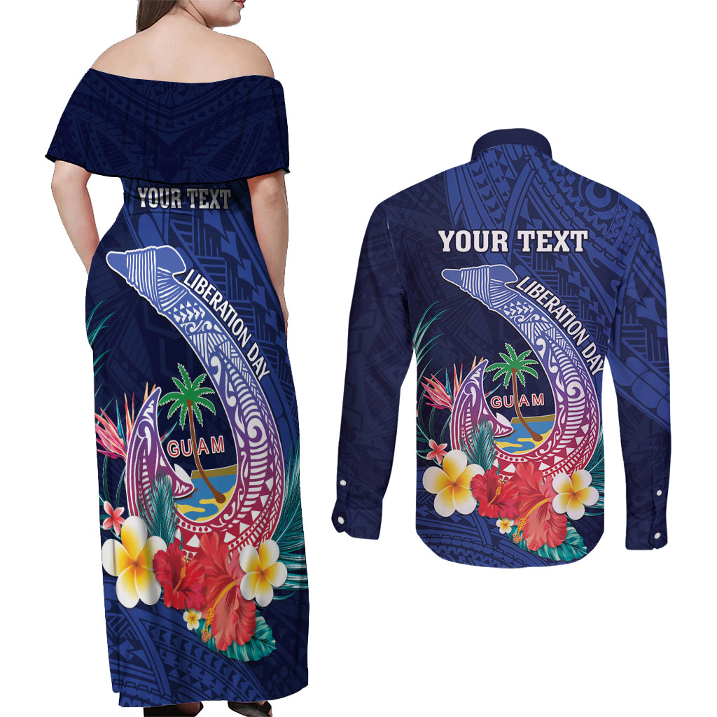 Personalised Guam Liberation Day Couples Matching Off Shoulder Maxi Dress and Long Sleeve Button Shirt Happy 80th Anniversary Fish Hook Mix Tropical Flowers LT14 - Polynesian Pride