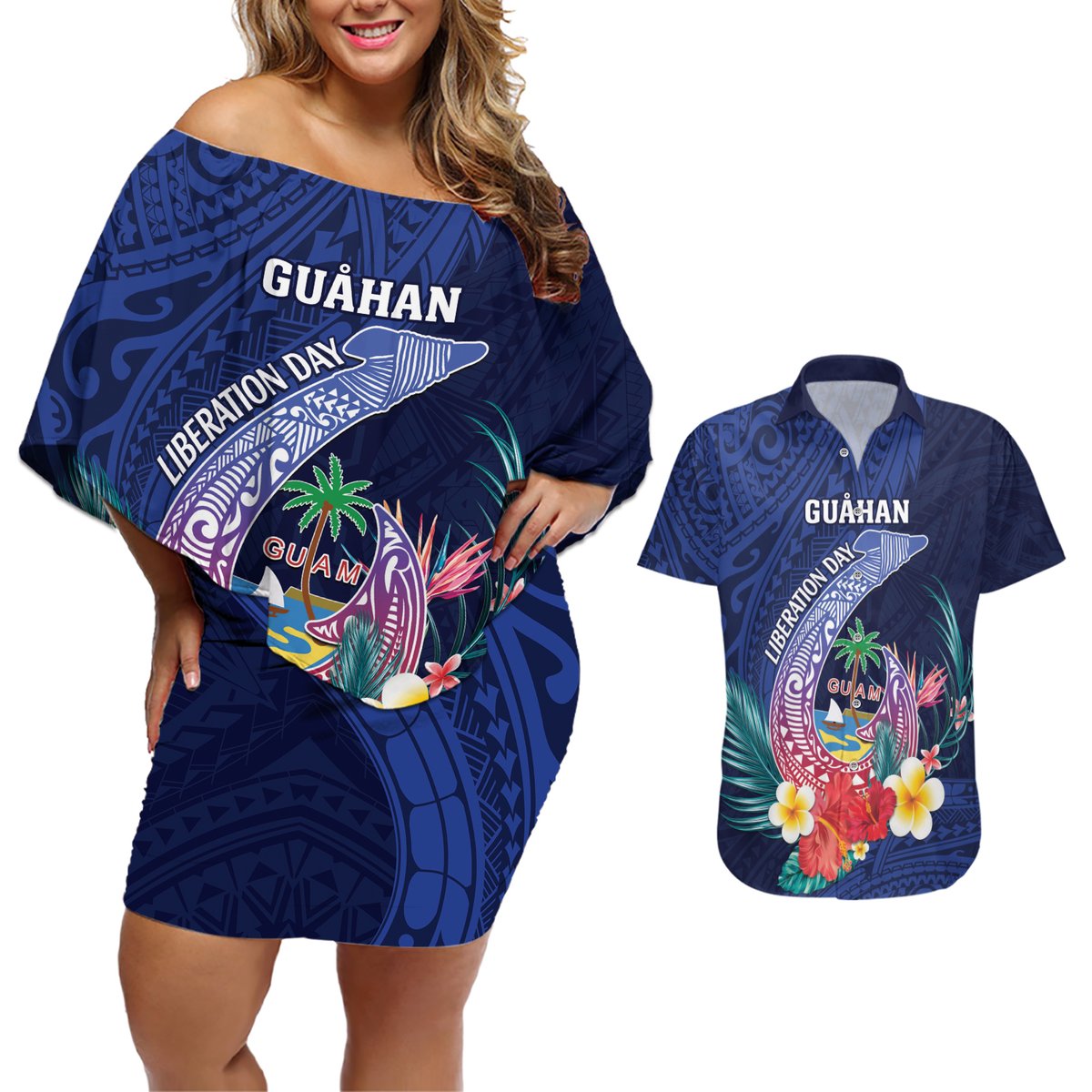 Personalised Guam Liberation Day Couples Matching Off Shoulder Short Dress and Hawaiian Shirt Happy 80th Anniversary Fish Hook Mix Tropical Flowers LT14 Blue - Polynesian Pride