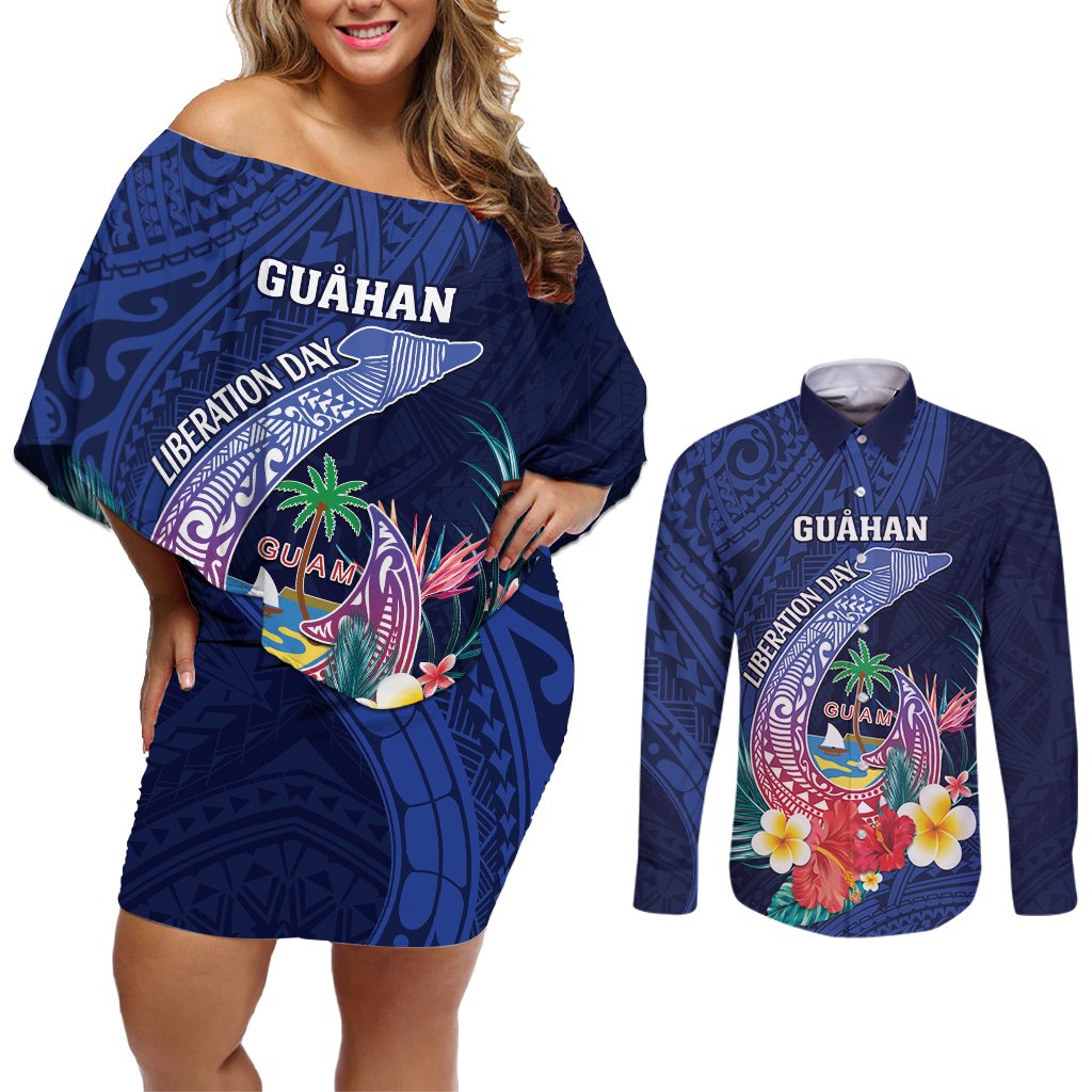 Personalised Guam Liberation Day Couples Matching Off Shoulder Short Dress and Long Sleeve Button Shirt Happy 80th Anniversary Fish Hook Mix Tropical Flowers LT14 Blue - Polynesian Pride