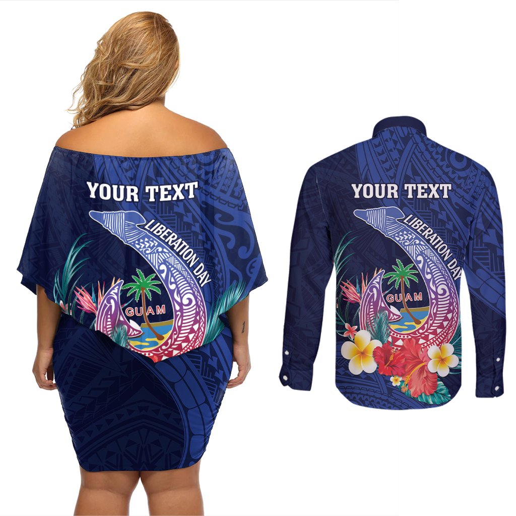 Personalised Guam Liberation Day Couples Matching Off Shoulder Short Dress and Long Sleeve Button Shirt Happy 80th Anniversary Fish Hook Mix Tropical Flowers LT14 - Polynesian Pride
