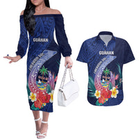 Personalised Guam Liberation Day Couples Matching Off The Shoulder Long Sleeve Dress and Hawaiian Shirt Happy 80th Anniversary Fish Hook Mix Tropical Flowers LT14 Blue - Polynesian Pride