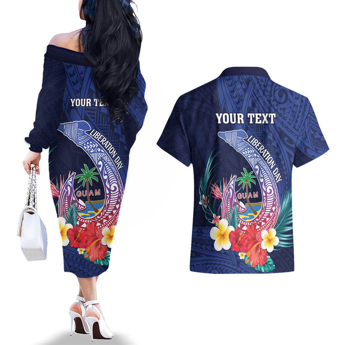 Personalised Guam Liberation Day Couples Matching Off The Shoulder Long Sleeve Dress and Hawaiian Shirt Happy 80th Anniversary Fish Hook Mix Tropical Flowers LT14 - Polynesian Pride