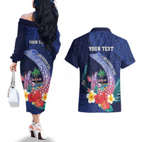 Personalised Guam Liberation Day Couples Matching Off The Shoulder Long Sleeve Dress and Hawaiian Shirt Happy 80th Anniversary Fish Hook Mix Tropical Flowers LT14 - Polynesian Pride