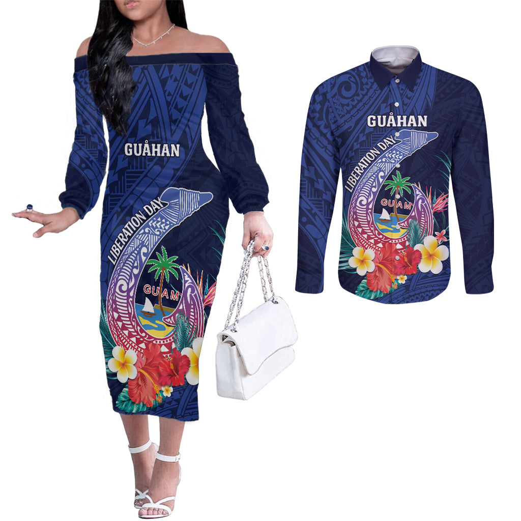Personalised Guam Liberation Day Couples Matching Off The Shoulder Long Sleeve Dress and Long Sleeve Button Shirt Happy 80th Anniversary Fish Hook Mix Tropical Flowers LT14 Blue - Polynesian Pride