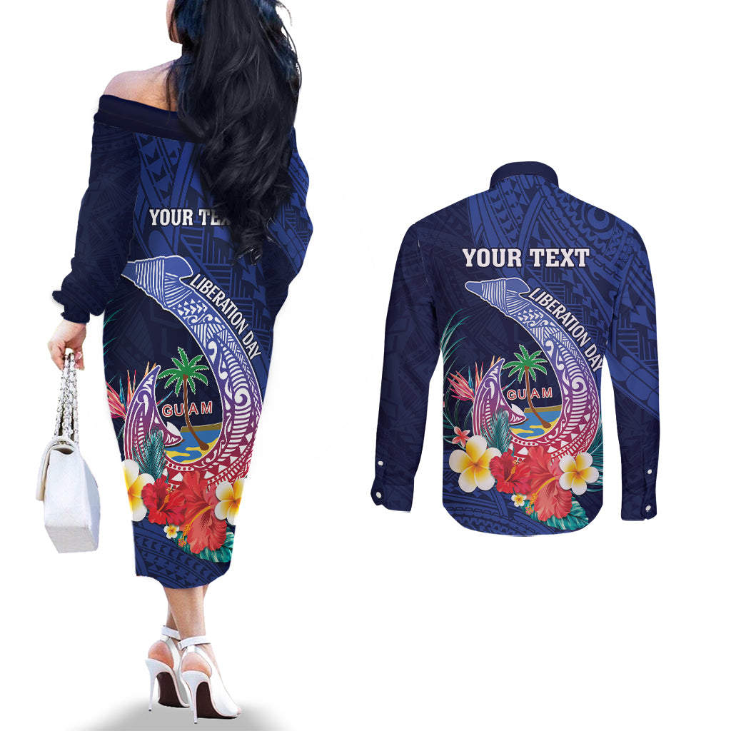 Personalised Guam Liberation Day Couples Matching Off The Shoulder Long Sleeve Dress and Long Sleeve Button Shirt Happy 80th Anniversary Fish Hook Mix Tropical Flowers LT14 - Polynesian Pride