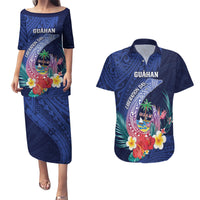 Personalised Guam Liberation Day Couples Matching Puletasi and Hawaiian Shirt Happy 80th Anniversary Fish Hook Mix Tropical Flowers LT14 Blue - Polynesian Pride