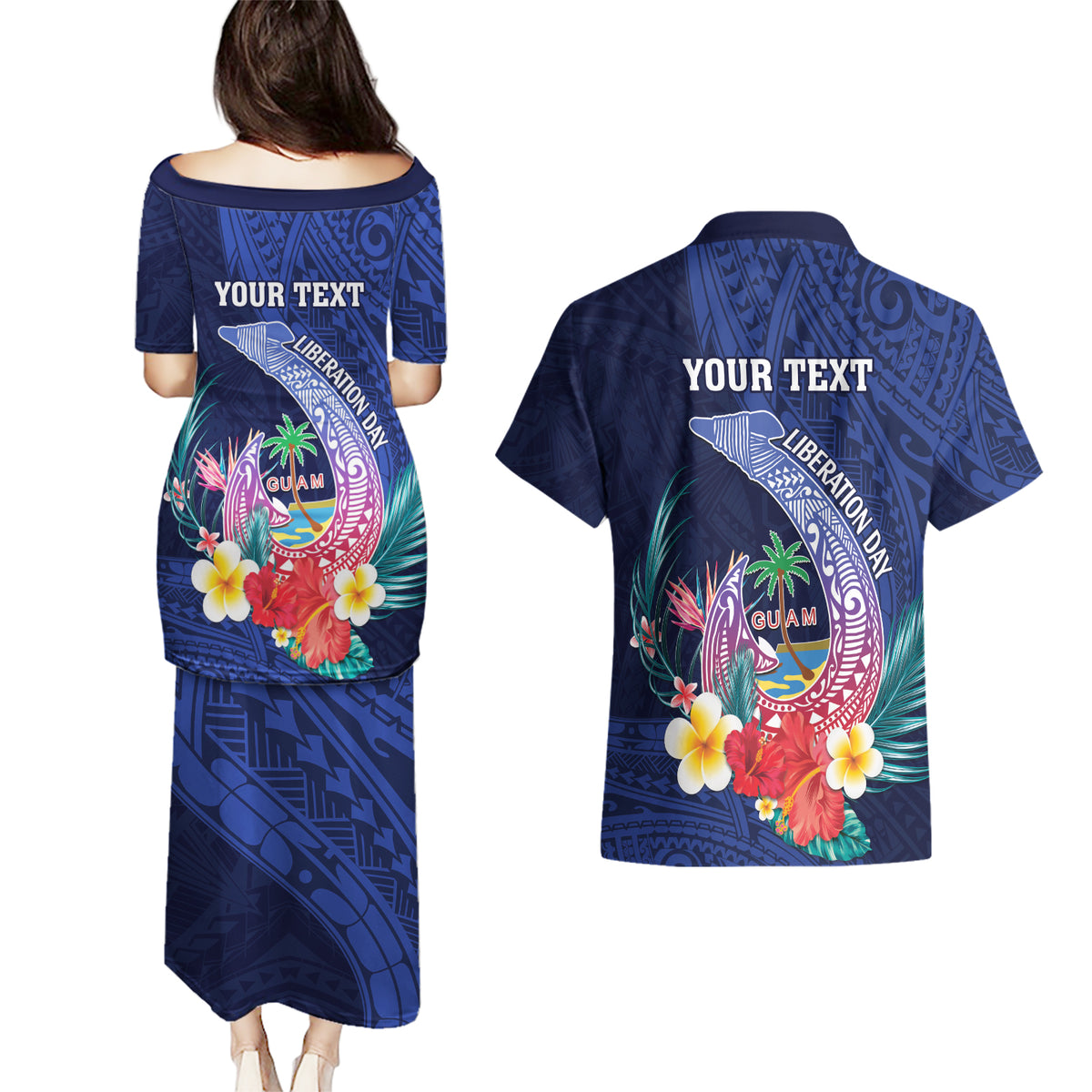 Personalised Guam Liberation Day Couples Matching Puletasi and Hawaiian Shirt Happy 80th Anniversary Fish Hook Mix Tropical Flowers LT14 - Polynesian Pride