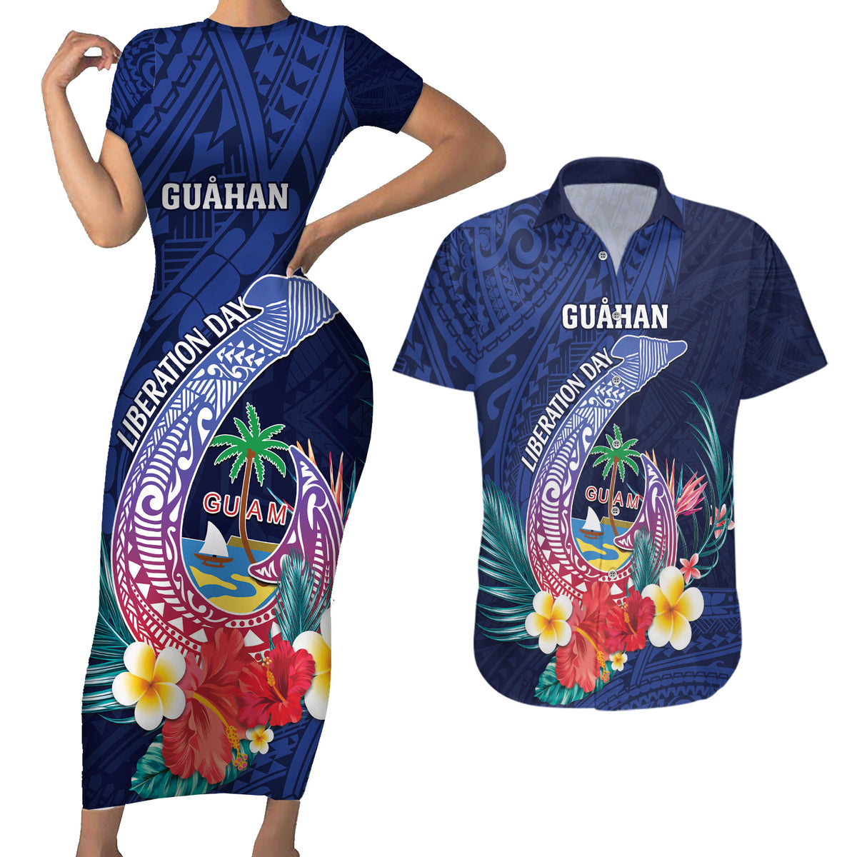 Personalised Guam Liberation Day Couples Matching Short Sleeve Bodycon Dress and Hawaiian Shirt Happy 80th Anniversary Fish Hook Mix Tropical Flowers LT14 Blue - Polynesian Pride