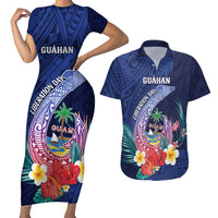 Personalised Guam Liberation Day Couples Matching Short Sleeve Bodycon Dress and Hawaiian Shirt Happy 80th Anniversary Fish Hook Mix Tropical Flowers LT14 Blue - Polynesian Pride