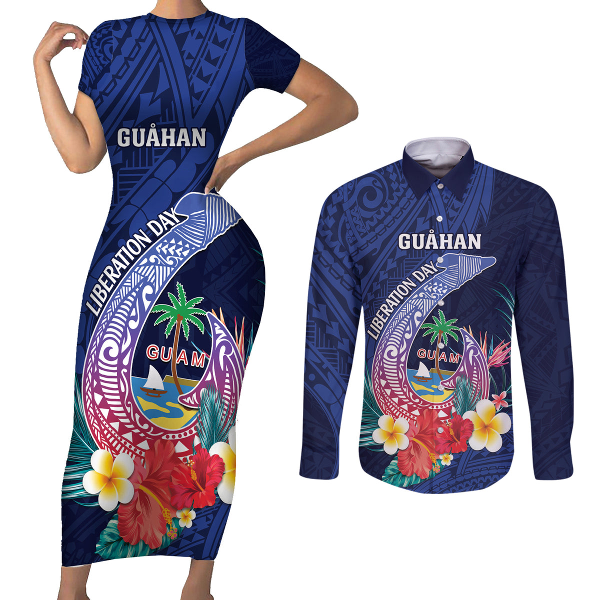 Personalised Guam Liberation Day Couples Matching Short Sleeve Bodycon Dress and Long Sleeve Button Shirt Happy 80th Anniversary Fish Hook Mix Tropical Flowers LT14 Blue - Polynesian Pride