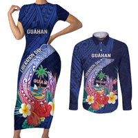 Personalised Guam Liberation Day Couples Matching Short Sleeve Bodycon Dress and Long Sleeve Button Shirt Happy 80th Anniversary Fish Hook Mix Tropical Flowers LT14 Blue - Polynesian Pride