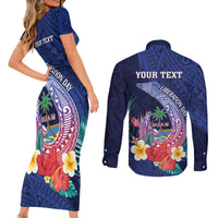 Personalised Guam Liberation Day Couples Matching Short Sleeve Bodycon Dress and Long Sleeve Button Shirt Happy 80th Anniversary Fish Hook Mix Tropical Flowers LT14 - Polynesian Pride