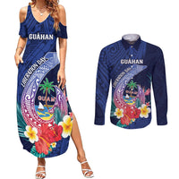 Personalised Guam Liberation Day Couples Matching Summer Maxi Dress and Long Sleeve Button Shirt Happy 80th Anniversary Fish Hook Mix Tropical Flowers LT14 Blue - Polynesian Pride