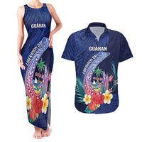 Personalised Guam Liberation Day Couples Matching Tank Maxi Dress and Hawaiian Shirt Happy 80th Anniversary Fish Hook Mix Tropical Flowers LT14 Blue - Polynesian Pride