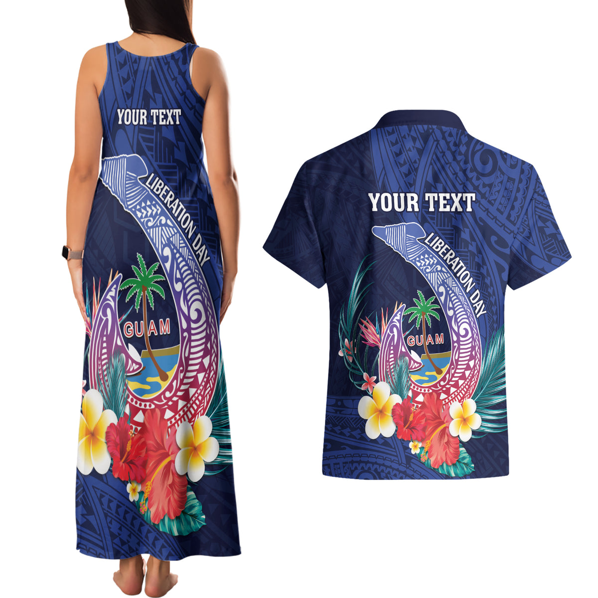 Personalised Guam Liberation Day Couples Matching Tank Maxi Dress and Hawaiian Shirt Happy 80th Anniversary Fish Hook Mix Tropical Flowers LT14 - Polynesian Pride