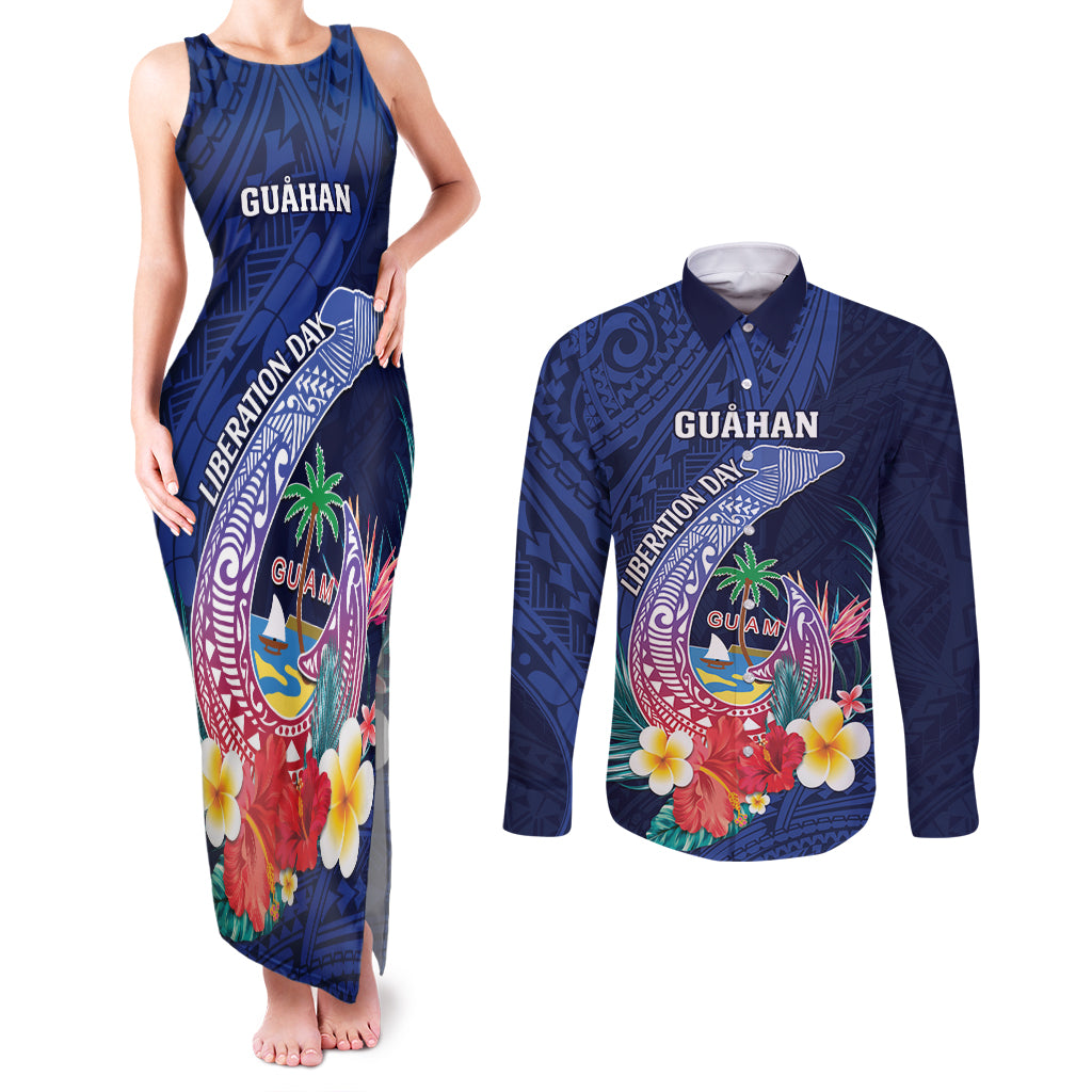 Personalised Guam Liberation Day Couples Matching Tank Maxi Dress and Long Sleeve Button Shirt Happy 80th Anniversary Fish Hook Mix Tropical Flowers LT14 Blue - Polynesian Pride