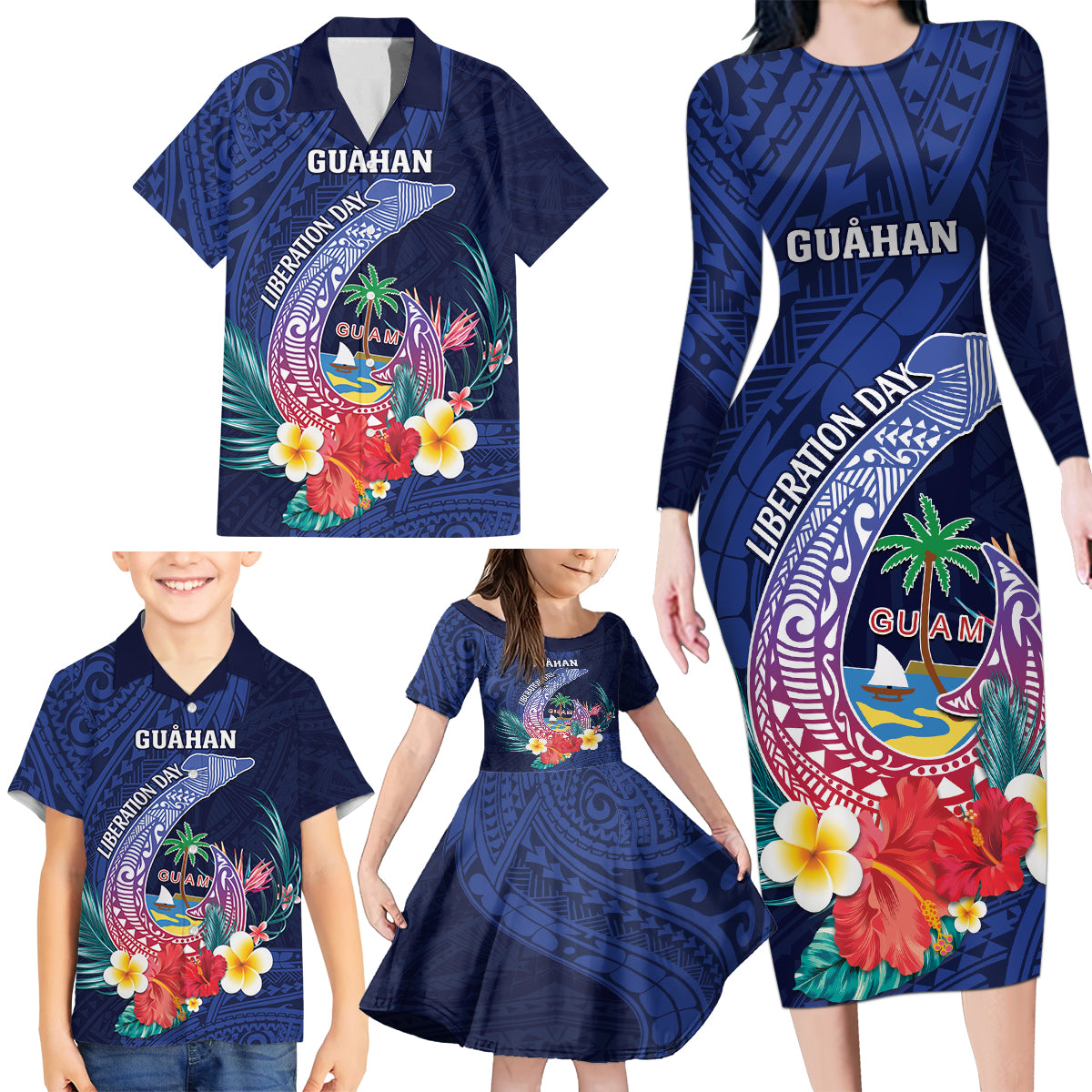 Personalised Guam Liberation Day Family Matching Long Sleeve Bodycon Dress and Hawaiian Shirt Happy 80th Anniversary Fish Hook Mix Tropical Flowers LT14 - Polynesian Pride