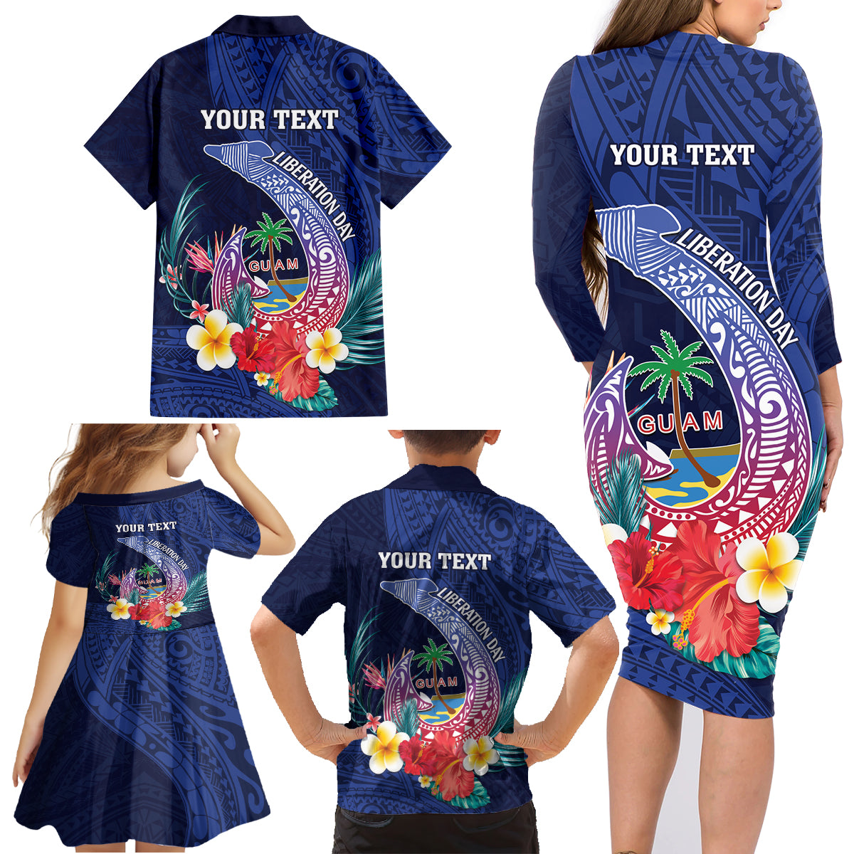 Personalised Guam Liberation Day Family Matching Long Sleeve Bodycon Dress and Hawaiian Shirt Happy 80th Anniversary Fish Hook Mix Tropical Flowers LT14 - Polynesian Pride