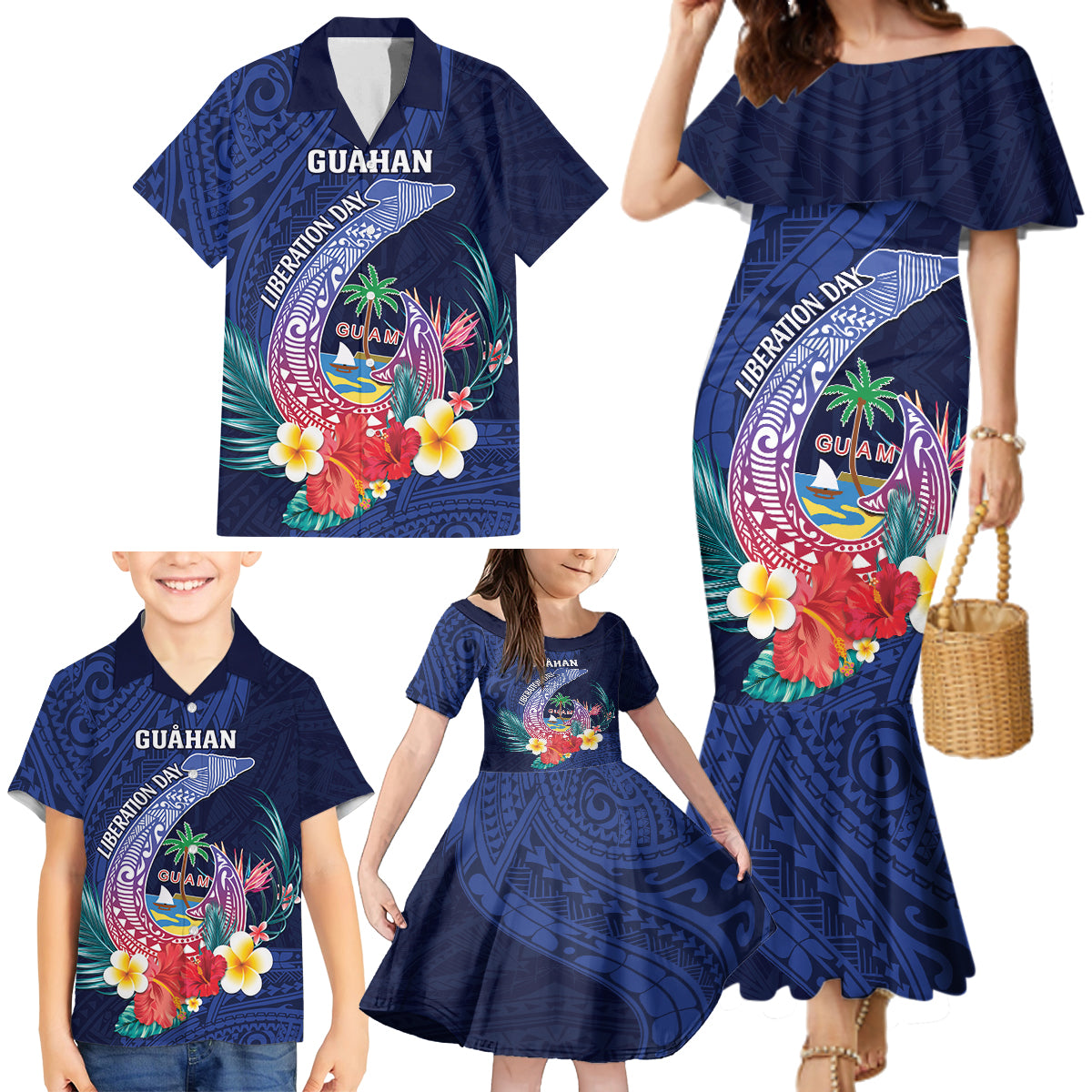 Personalised Guam Liberation Day Family Matching Mermaid Dress and Hawaiian Shirt Happy 80th Anniversary Fish Hook Mix Tropical Flowers LT14 - Polynesian Pride