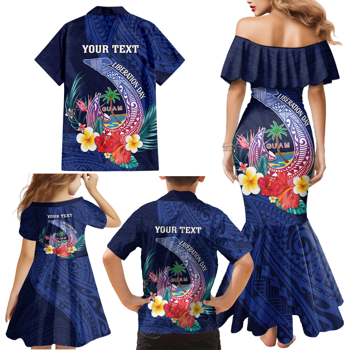 Personalised Guam Liberation Day Family Matching Mermaid Dress and Hawaiian Shirt Happy 80th Anniversary Fish Hook Mix Tropical Flowers LT14 - Polynesian Pride