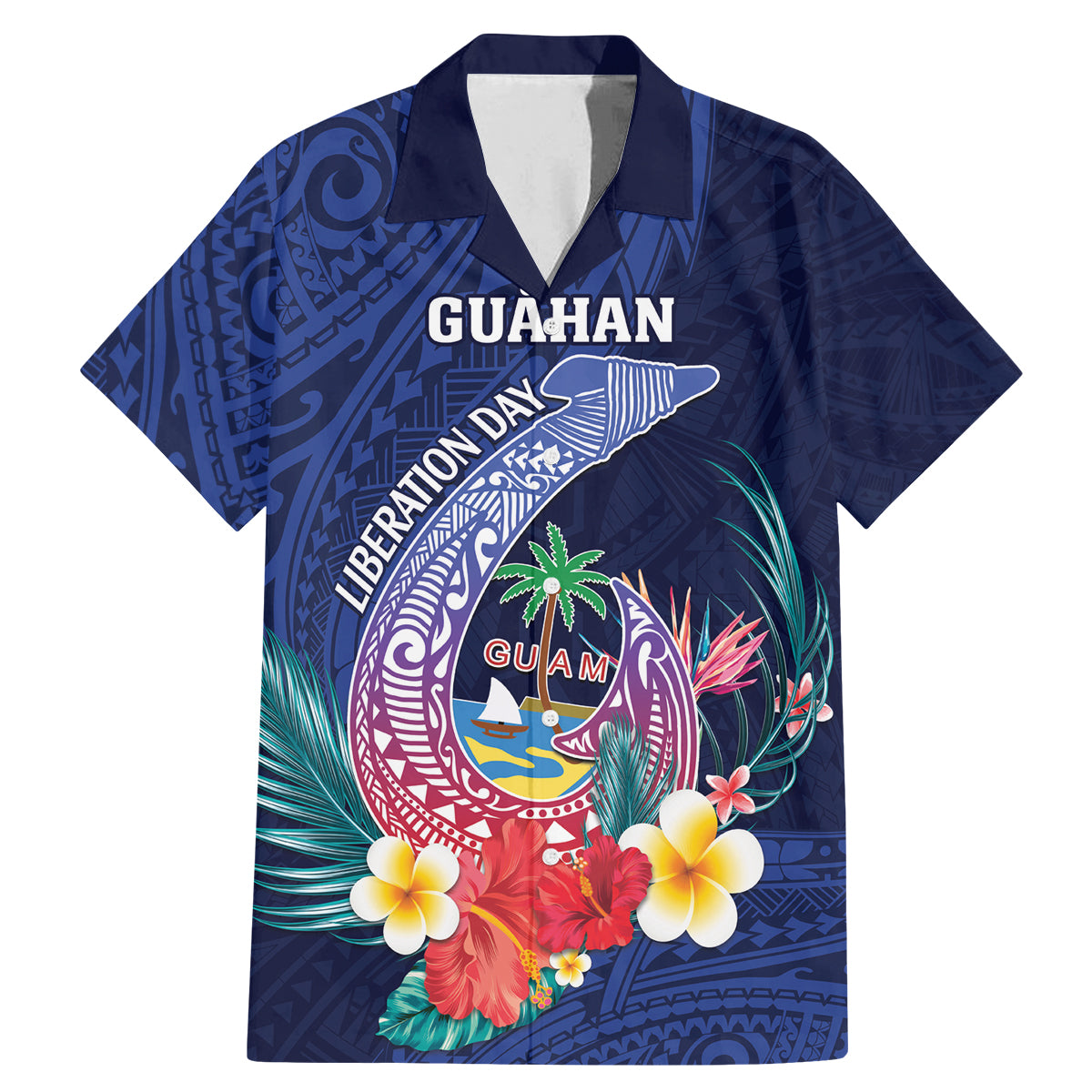 Personalised Guam Liberation Day Family Matching Mermaid Dress and Hawaiian Shirt Happy 80th Anniversary Fish Hook Mix Tropical Flowers LT14 Dad's Shirt - Short Sleeve Blue - Polynesian Pride