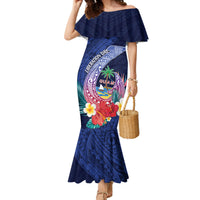 Personalised Guam Liberation Day Family Matching Mermaid Dress and Hawaiian Shirt Happy 80th Anniversary Fish Hook Mix Tropical Flowers LT14 Mom's Dress Blue - Polynesian Pride