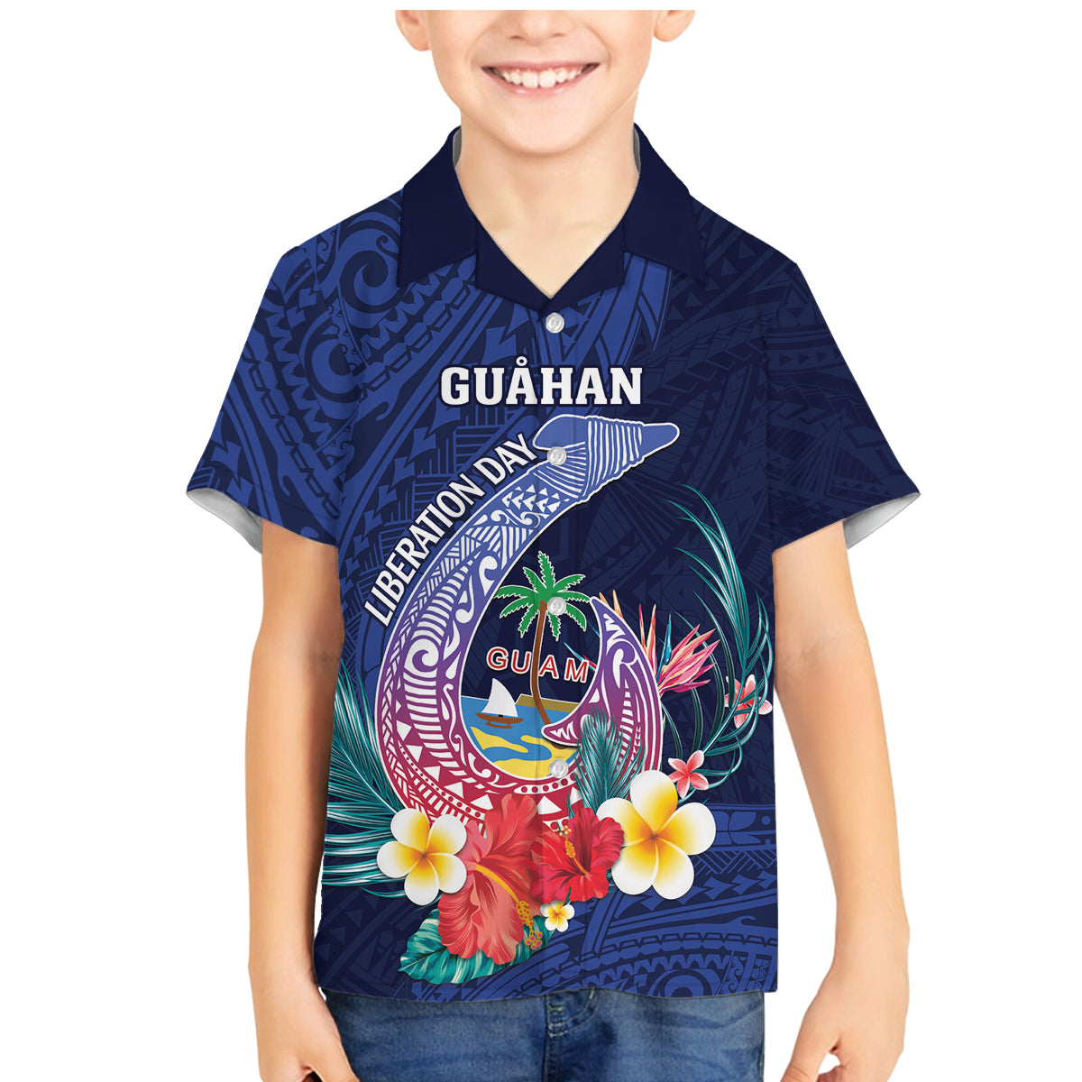 Personalised Guam Liberation Day Family Matching Mermaid Dress and Hawaiian Shirt Happy 80th Anniversary Fish Hook Mix Tropical Flowers LT14 Son's Shirt Blue - Polynesian Pride