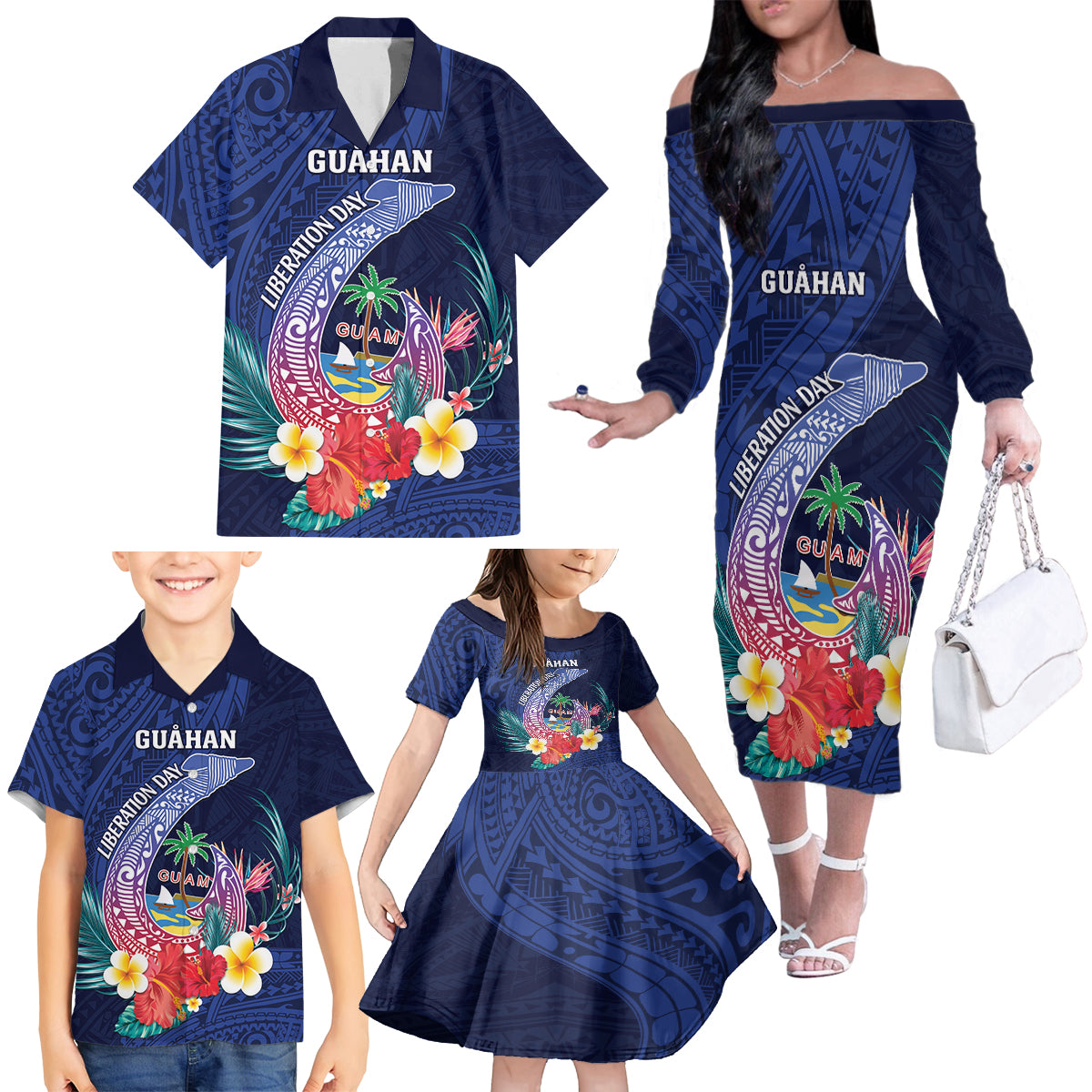 Personalised Guam Liberation Day Family Matching Off The Shoulder Long Sleeve Dress and Hawaiian Shirt Happy 80th Anniversary Fish Hook Mix Tropical Flowers LT14 - Polynesian Pride