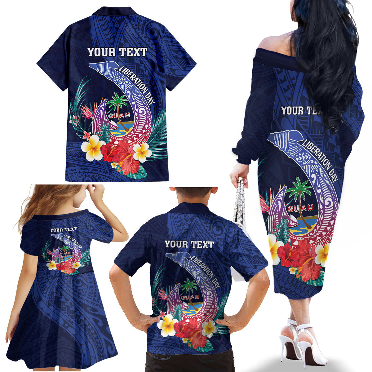 Personalised Guam Liberation Day Family Matching Off The Shoulder Long Sleeve Dress and Hawaiian Shirt Happy 80th Anniversary Fish Hook Mix Tropical Flowers LT14 - Polynesian Pride