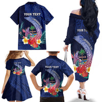 Personalised Guam Liberation Day Family Matching Off The Shoulder Long Sleeve Dress and Hawaiian Shirt Happy 80th Anniversary Fish Hook Mix Tropical Flowers LT14 - Polynesian Pride