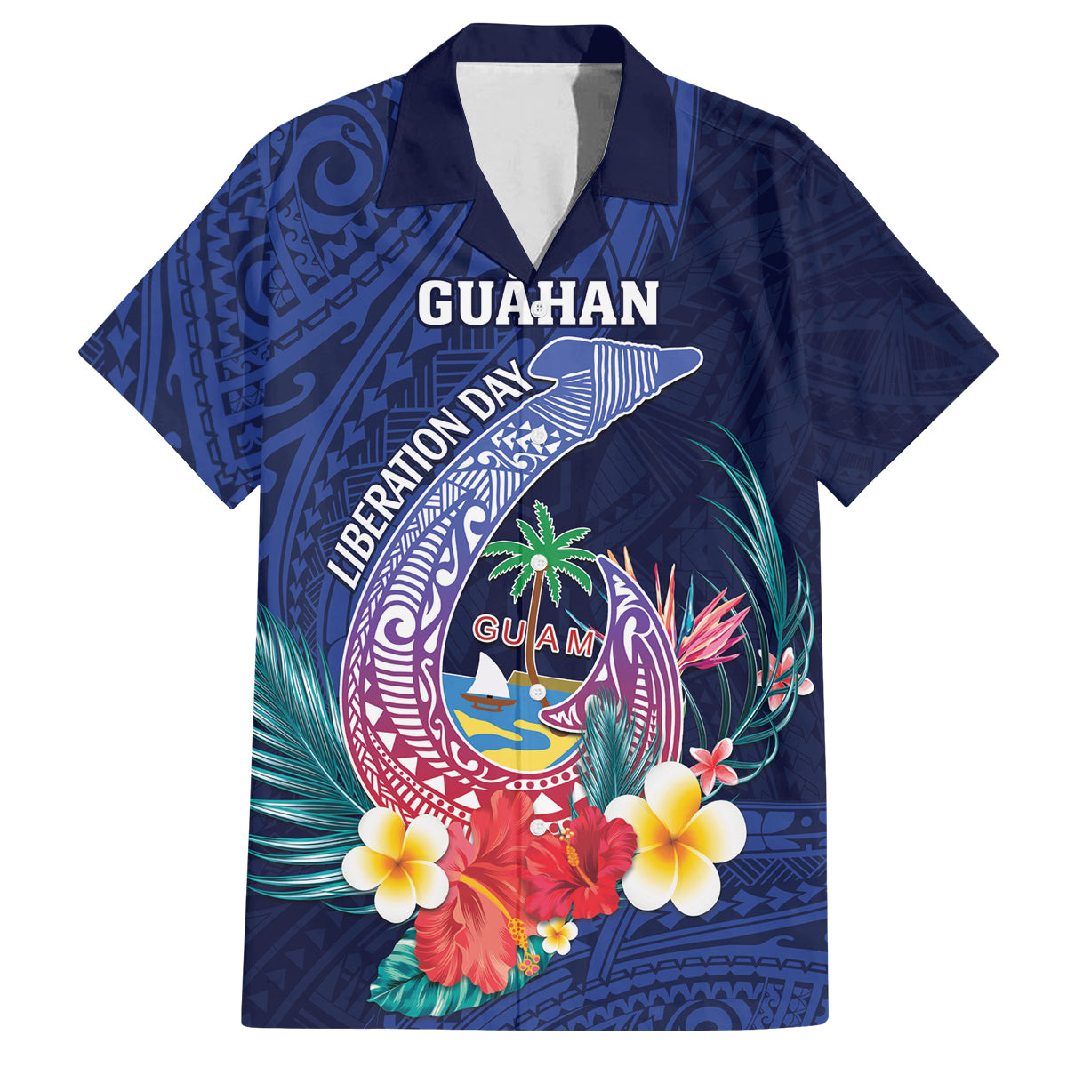 Personalised Guam Liberation Day Family Matching Off Shoulder Maxi Dress and Hawaiian Shirt Happy 80th Anniversary Fish Hook Mix Tropical Flowers LT14 Dad's Shirt - Short Sleeve Blue - Polynesian Pride