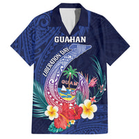 Personalised Guam Liberation Day Family Matching Off Shoulder Maxi Dress and Hawaiian Shirt Happy 80th Anniversary Fish Hook Mix Tropical Flowers LT14 Dad's Shirt - Short Sleeve Blue - Polynesian Pride