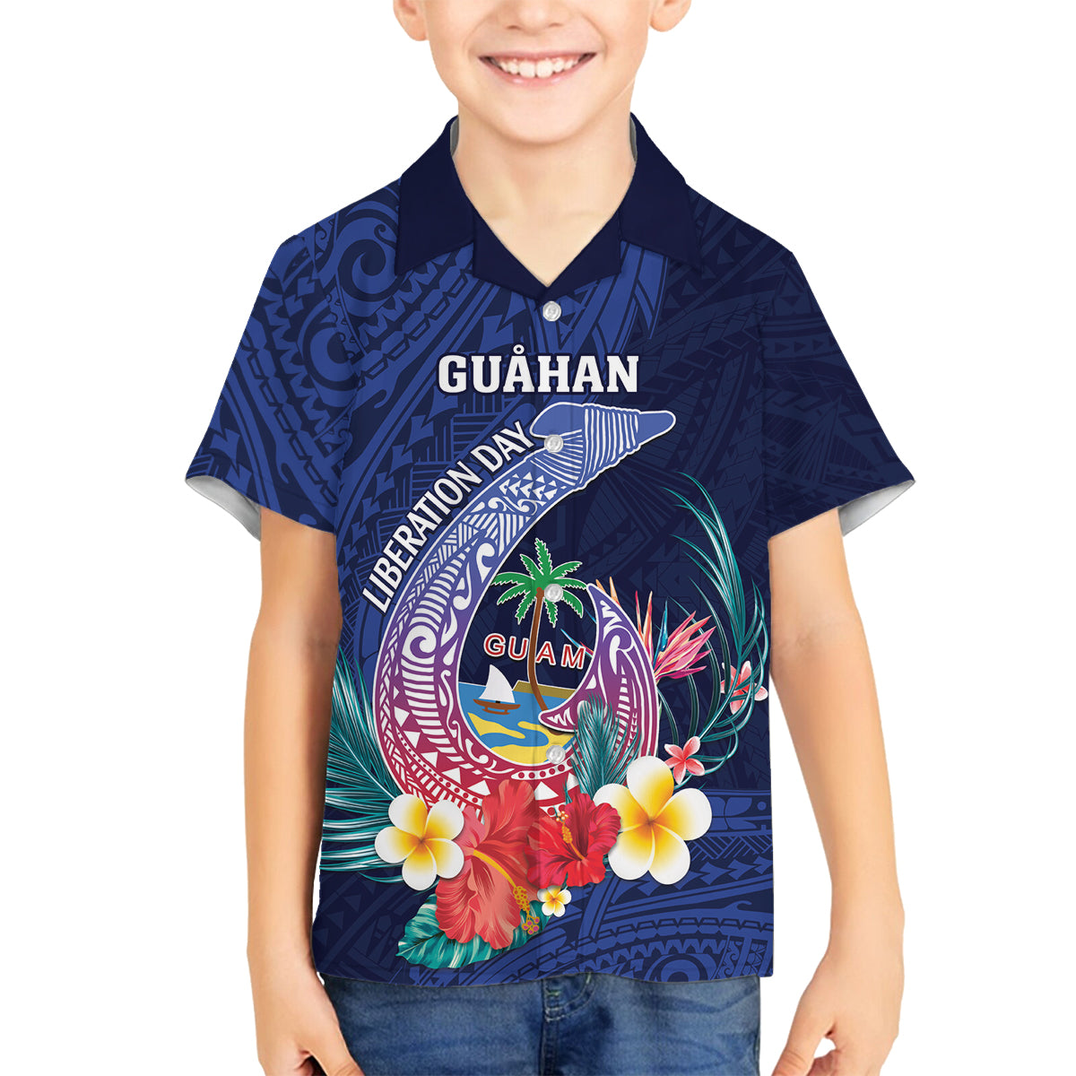 Personalised Guam Liberation Day Family Matching Off Shoulder Maxi Dress and Hawaiian Shirt Happy 80th Anniversary Fish Hook Mix Tropical Flowers LT14 Son's Shirt Blue - Polynesian Pride