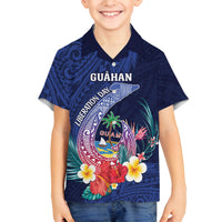Personalised Guam Liberation Day Family Matching Off Shoulder Maxi Dress and Hawaiian Shirt Happy 80th Anniversary Fish Hook Mix Tropical Flowers LT14 Son's Shirt Blue - Polynesian Pride