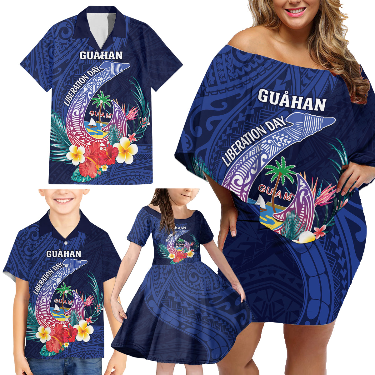 Personalised Guam Liberation Day Family Matching Off Shoulder Short Dress and Hawaiian Shirt Happy 80th Anniversary Fish Hook Mix Tropical Flowers LT14 - Polynesian Pride
