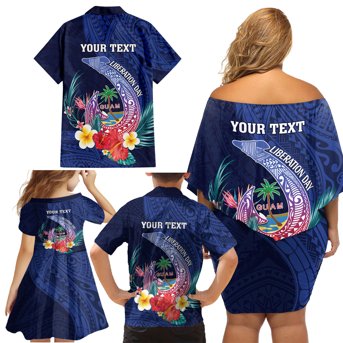 Personalised Guam Liberation Day Family Matching Off Shoulder Short Dress and Hawaiian Shirt Happy 80th Anniversary Fish Hook Mix Tropical Flowers LT14 - Polynesian Pride