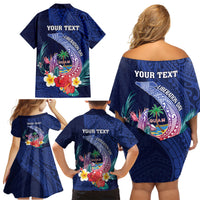 Personalised Guam Liberation Day Family Matching Off Shoulder Short Dress and Hawaiian Shirt Happy 80th Anniversary Fish Hook Mix Tropical Flowers LT14 - Polynesian Pride