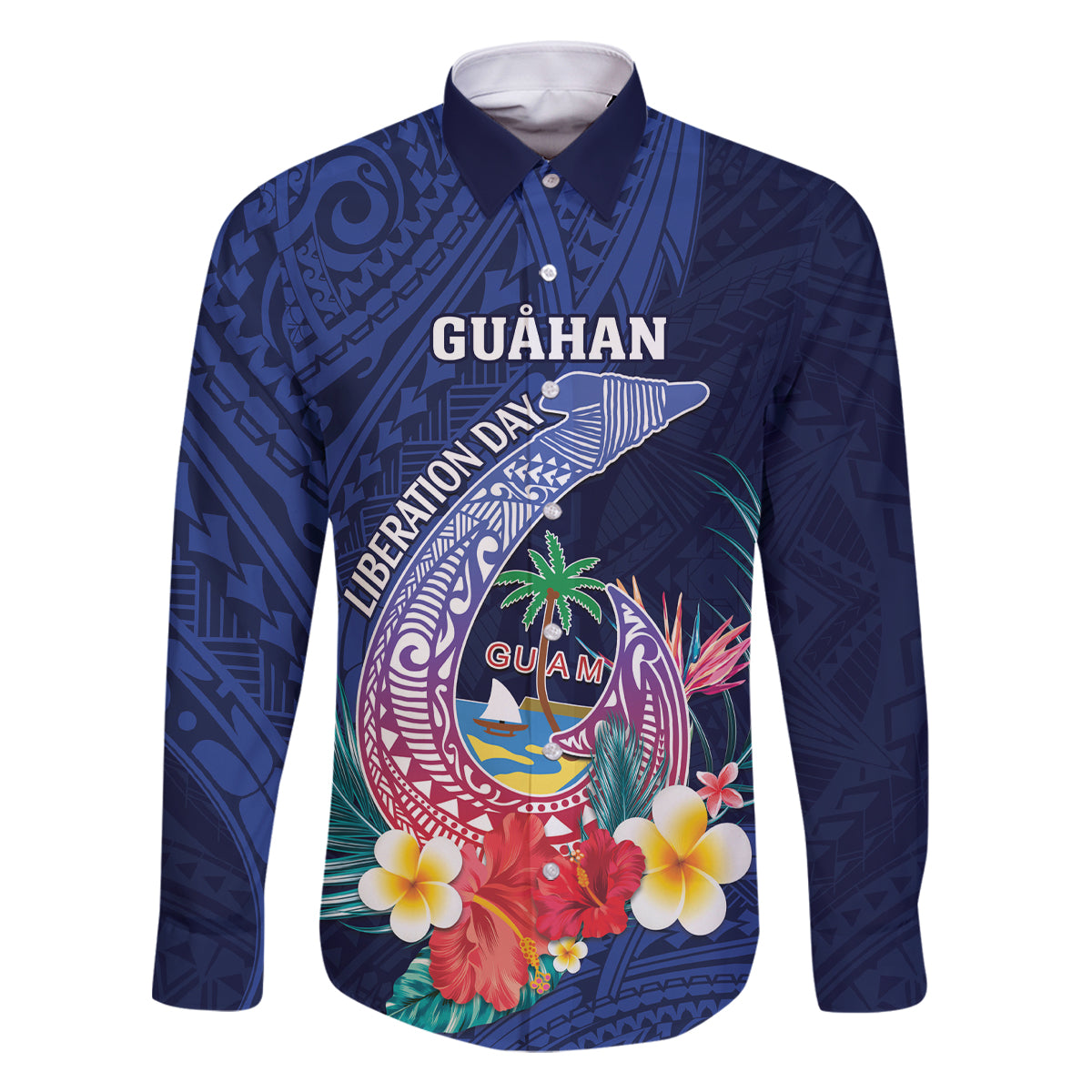 Personalised Guam Liberation Day Family Matching Off Shoulder Short Dress and Hawaiian Shirt Happy 80th Anniversary Fish Hook Mix Tropical Flowers LT14 Dad's Shirt - Long Sleeve Blue - Polynesian Pride