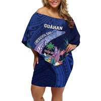 Personalised Guam Liberation Day Family Matching Off Shoulder Short Dress and Hawaiian Shirt Happy 80th Anniversary Fish Hook Mix Tropical Flowers LT14 Mom's Dress Blue - Polynesian Pride