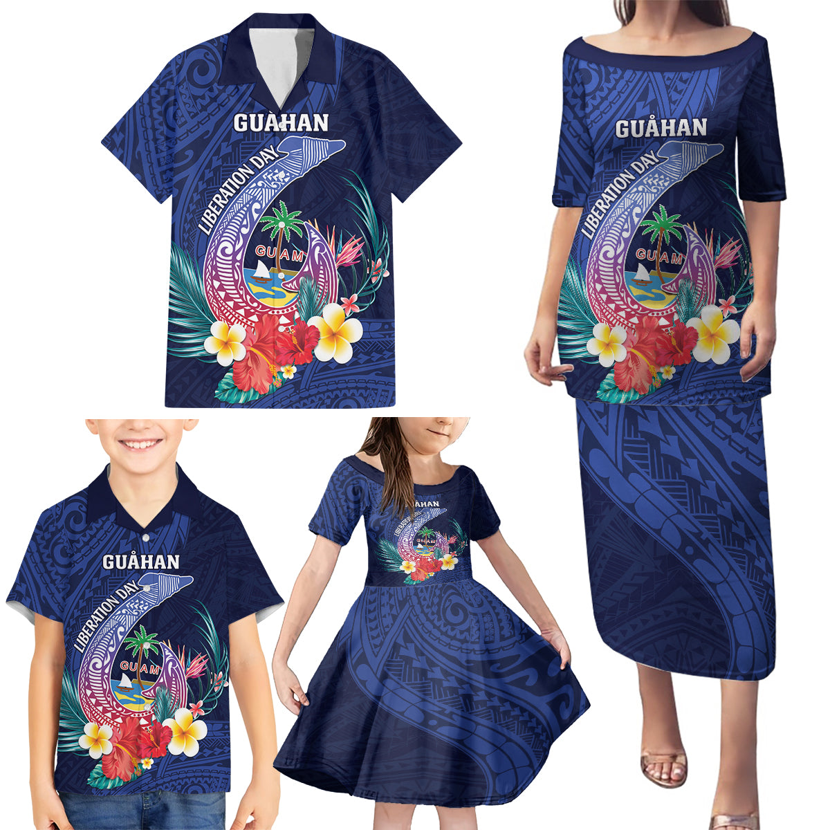 Personalised Guam Liberation Day Family Matching Puletasi and Hawaiian Shirt Happy 80th Anniversary Fish Hook Mix Tropical Flowers LT14 - Polynesian Pride