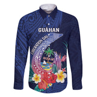 Personalised Guam Liberation Day Family Matching Puletasi and Hawaiian Shirt Happy 80th Anniversary Fish Hook Mix Tropical Flowers LT14 Dad's Shirt - Long Sleeve Blue - Polynesian Pride