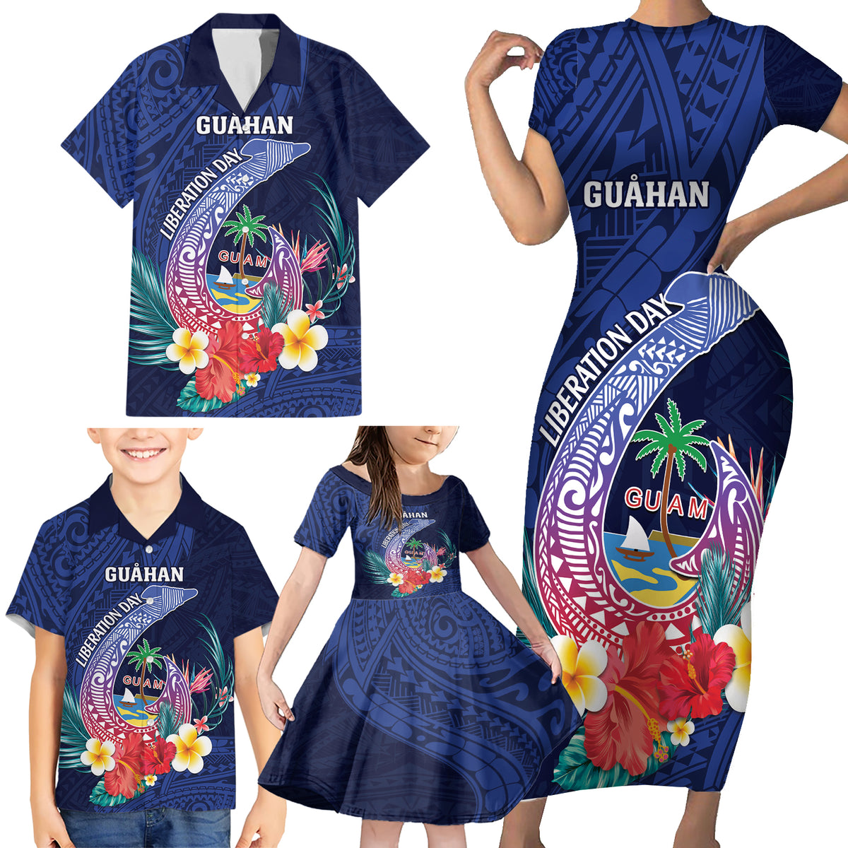 Personalised Guam Liberation Day Family Matching Short Sleeve Bodycon Dress and Hawaiian Shirt Happy 80th Anniversary Fish Hook Mix Tropical Flowers LT14 - Polynesian Pride