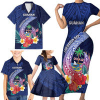 Personalised Guam Liberation Day Family Matching Short Sleeve Bodycon Dress and Hawaiian Shirt Happy 80th Anniversary Fish Hook Mix Tropical Flowers LT14 - Polynesian Pride