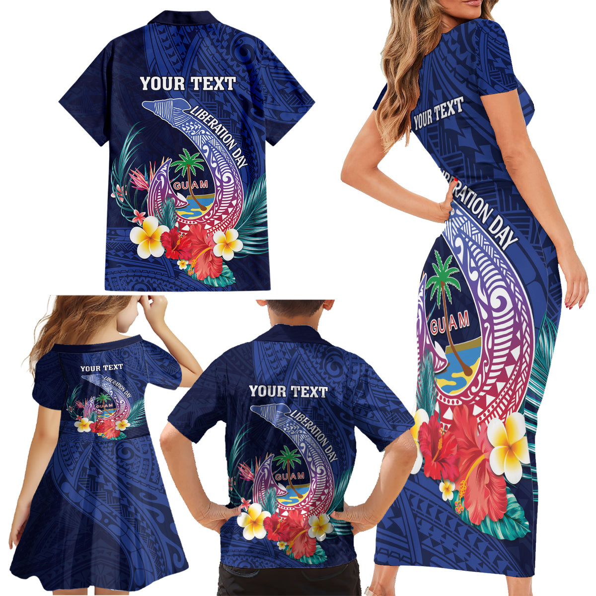 Personalised Guam Liberation Day Family Matching Short Sleeve Bodycon Dress and Hawaiian Shirt Happy 80th Anniversary Fish Hook Mix Tropical Flowers LT14 - Polynesian Pride