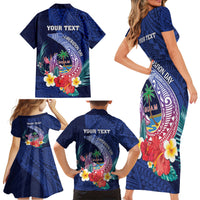 Personalised Guam Liberation Day Family Matching Short Sleeve Bodycon Dress and Hawaiian Shirt Happy 80th Anniversary Fish Hook Mix Tropical Flowers LT14 - Polynesian Pride