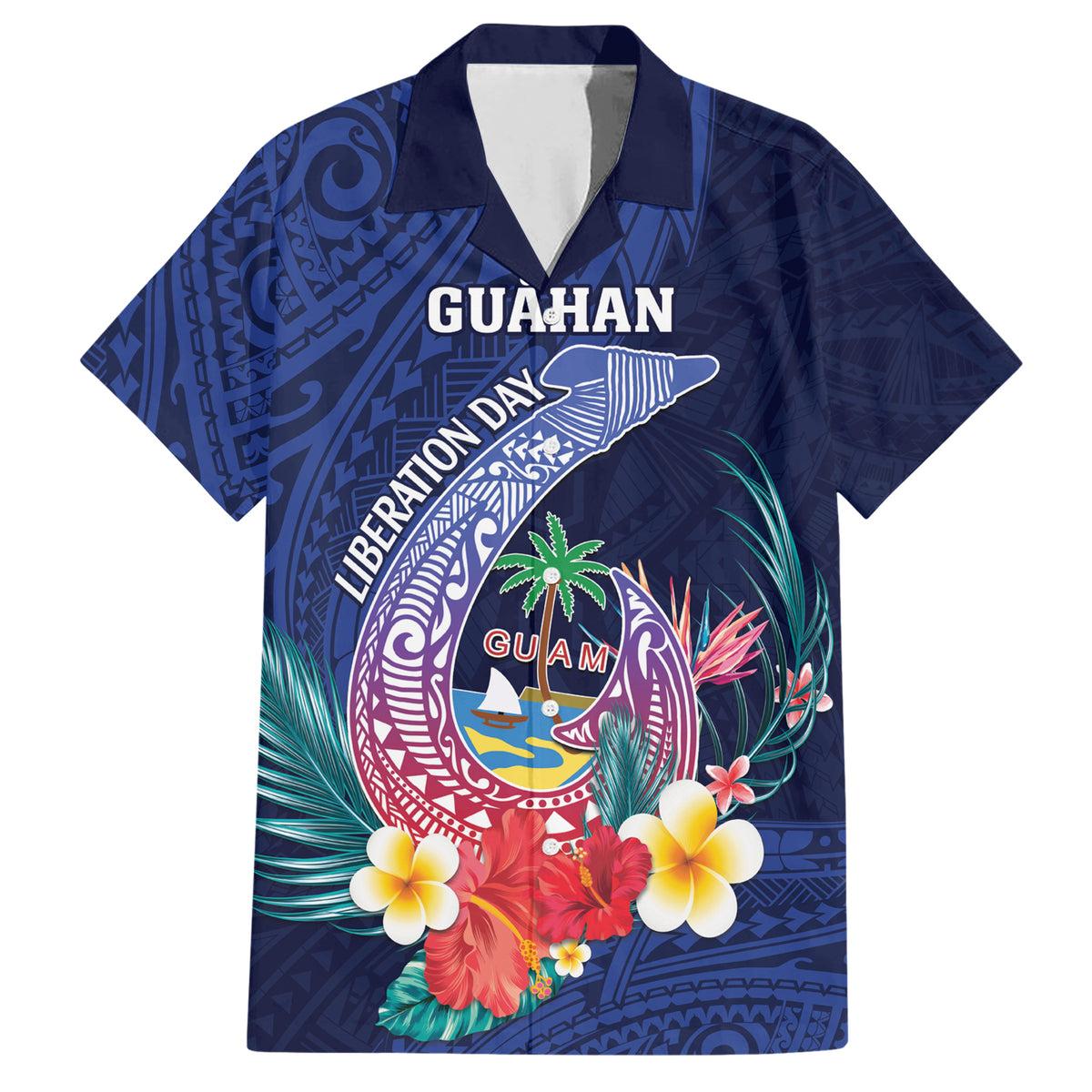 Personalised Guam Liberation Day Family Matching Short Sleeve Bodycon Dress and Hawaiian Shirt Happy 80th Anniversary Fish Hook Mix Tropical Flowers LT14 Dad's Shirt - Short Sleeve Blue - Polynesian Pride