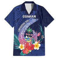 Personalised Guam Liberation Day Family Matching Short Sleeve Bodycon Dress and Hawaiian Shirt Happy 80th Anniversary Fish Hook Mix Tropical Flowers LT14 Dad's Shirt - Short Sleeve Blue - Polynesian Pride